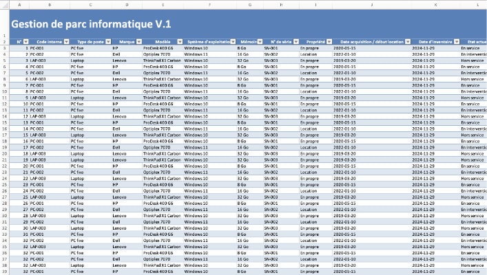 capture d'écran d'un modèle de gestion de parc informatique excel